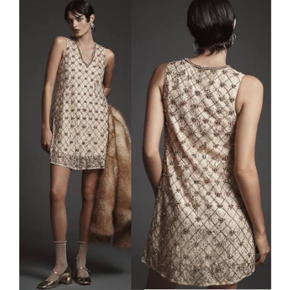 Let Me Be Crystal Embellished Sleeveless V-Neck Mini Shift Dress Gold Medium